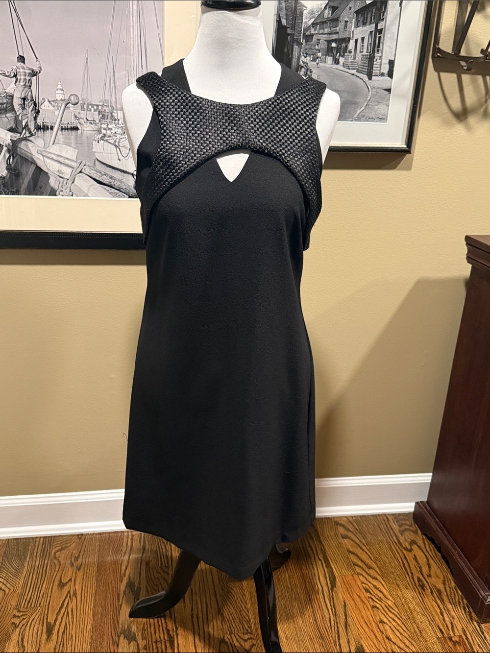 Elliatt Black Mini Dress with Textured Yoke and Front Keyhole